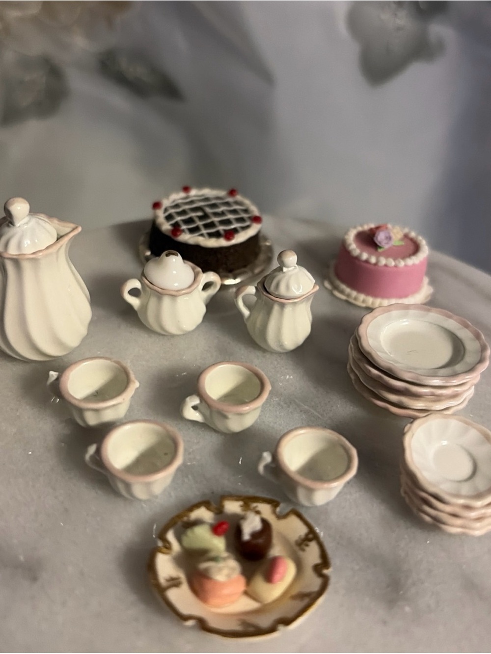 1:12 scale pink trim tea set with dessert 🧁
